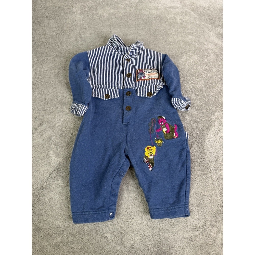 Vintage 90s Barney & Friends Construction One Piece Romper 6-9 Months Blue